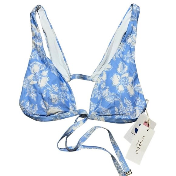L*SPACE Womens Size L Eco Chic Econy Avery Blue Floral Print Wrap Bikini Top NWT - Picture 3 of 9